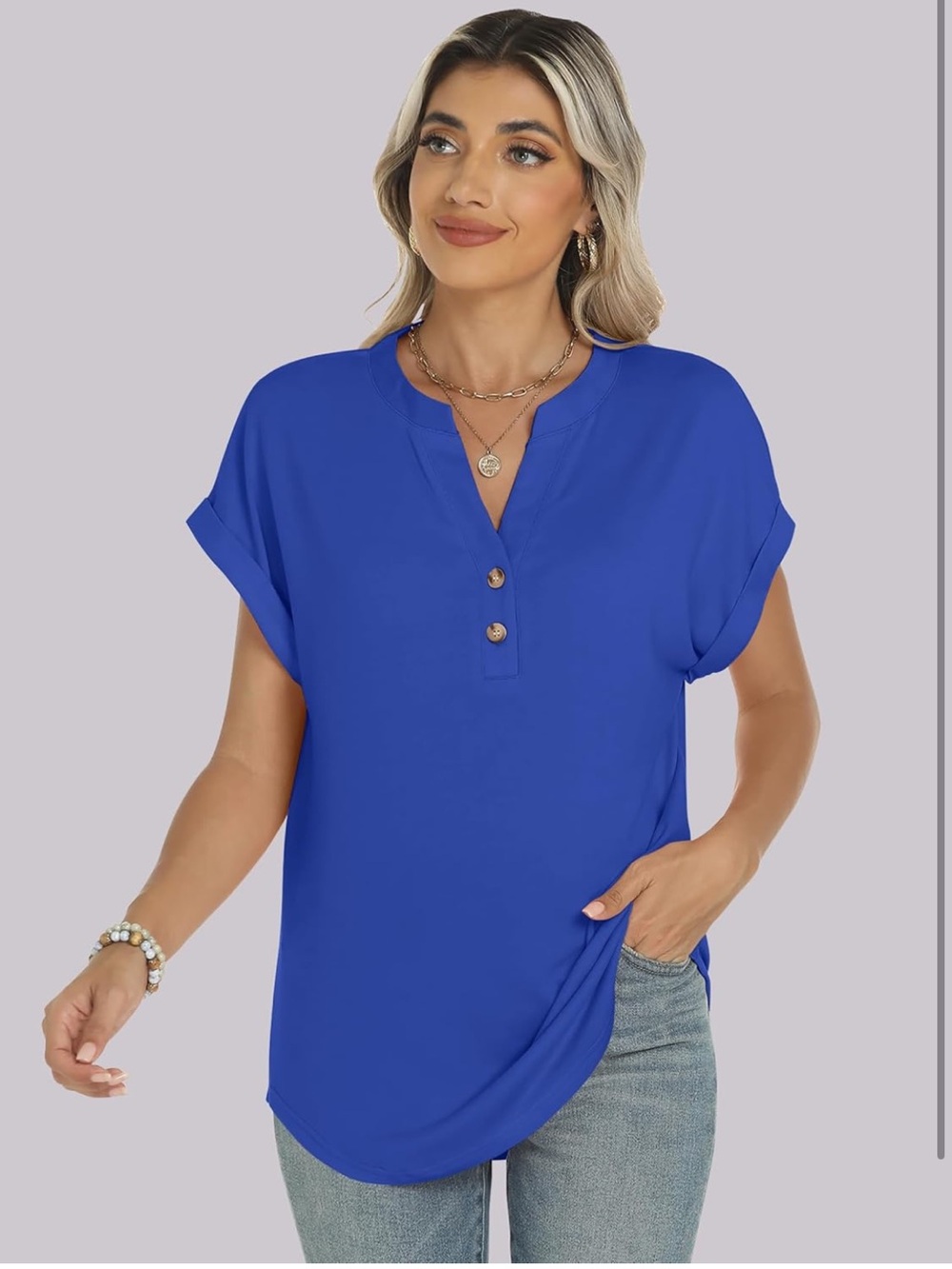 ANRABESS Short Sleeve Henley Top V Neck Dressy Casual Blouses Summer Trendy Tee - Picture 6 of 11